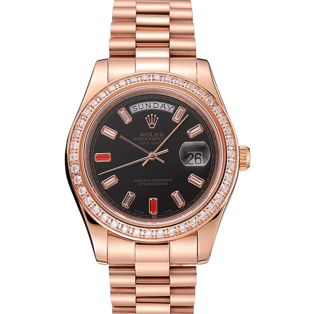 Black Day-Date Gold Rubies 1454102 Swiss Diamonds Bracelet And Dial Rolex Rose 0824